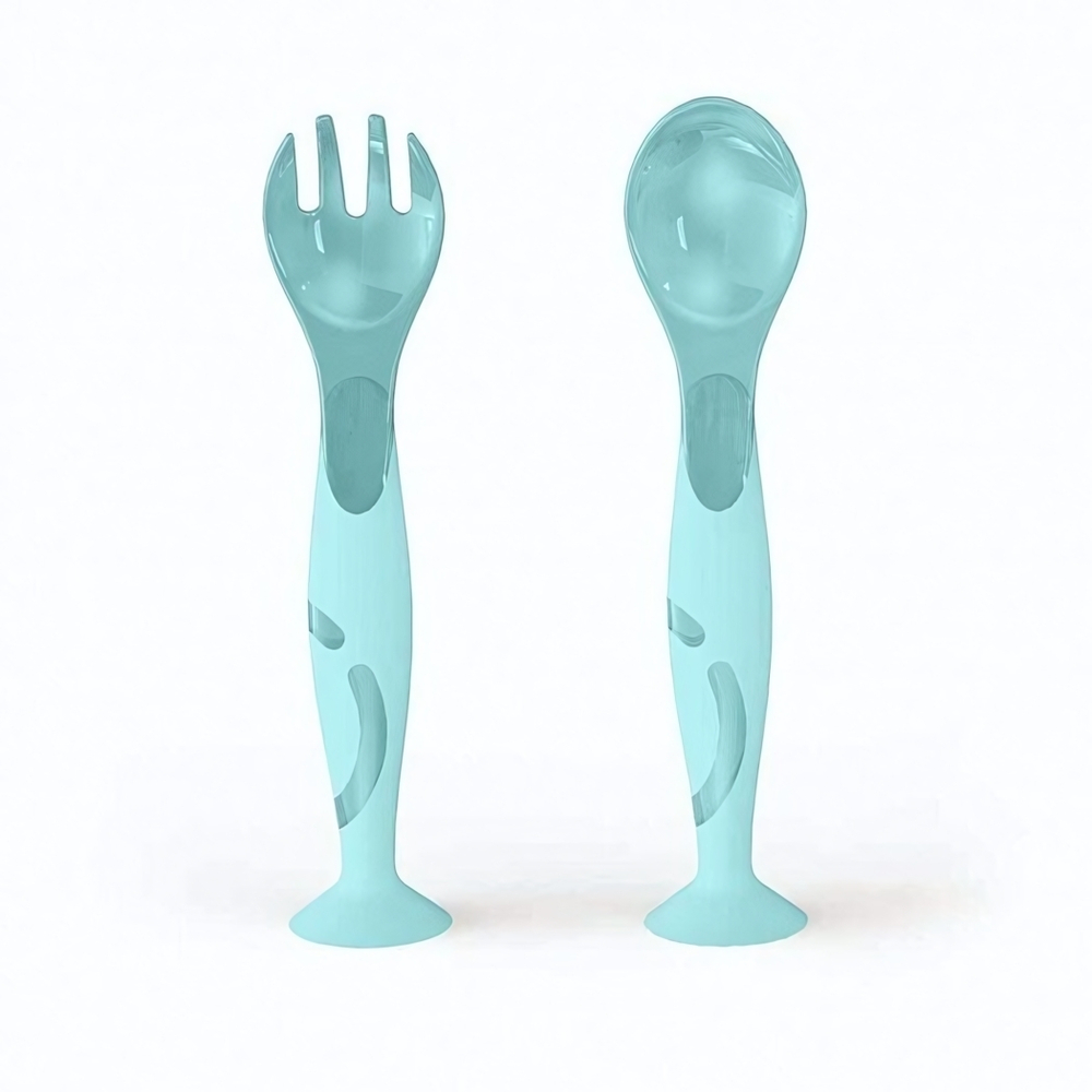 Набор детский ложечка и вилочка на присосе (зеленый)