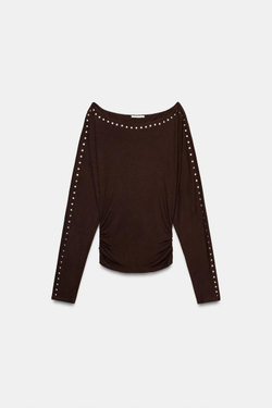 ZARA ФУТБОЛКА С ДЛИННЫМИ РУКАВАМИ И ЗАКЛЕПКАМИ, ТЕМНО-КОРИЧНЕВЫЙ