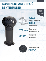 Комплект активной вентиляции: Вентиляционный выход изолированный Vilpe D160/225 утепленный высота H=500 мм, проходной элемент для металлочерепицы Kredo, турбодефлектор Ø 230 мм, серый графит