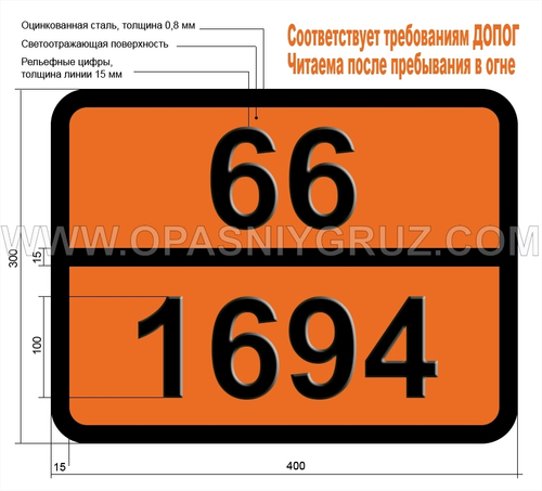 Табличка Опасный груз 66-1694 БРОМБЕНЗИЛЦИАНИДЫ ЖИДКИЕ