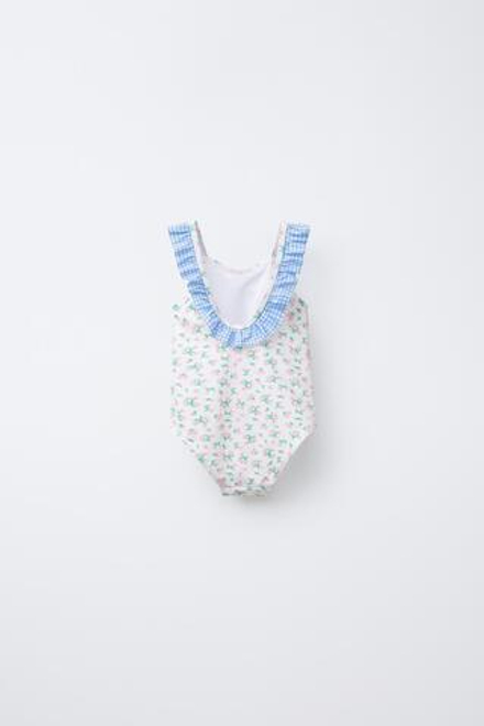 ZARA КУПАЛЬНИК В КЛЕТКУ ВИШИ С ЦВЕТОЧНЫМ ПРИНТОМ, БЕЛЫЙ