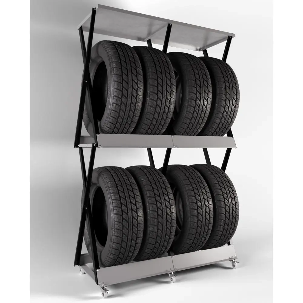 Мобильный стеллаж для 8 автомобильных колес (2 комплекта) до 255 мм, черный корпус, металлическая система с верхней полкой.