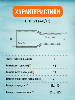 Трубка термоусадочная клеевая ТТК(3:1)-40/13 чёрная с коэффициентом усадки 3:1 (КВТ)