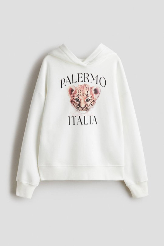 H&M Толстовка оверсайз с капюшоном и принтом, белый