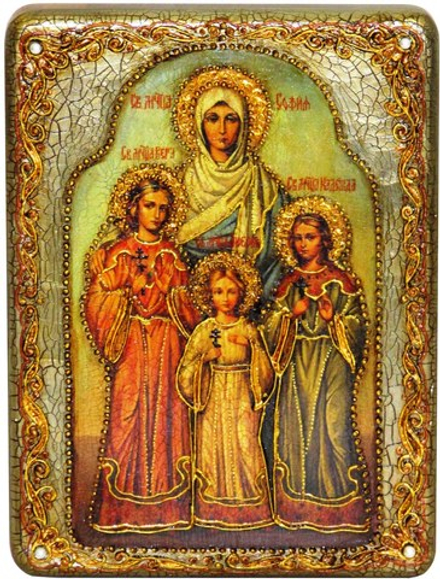 Инкрустированная икона Вера, Надежда, Любовь и мать их София 20х15см на натуральном дереве в подарочной коробке