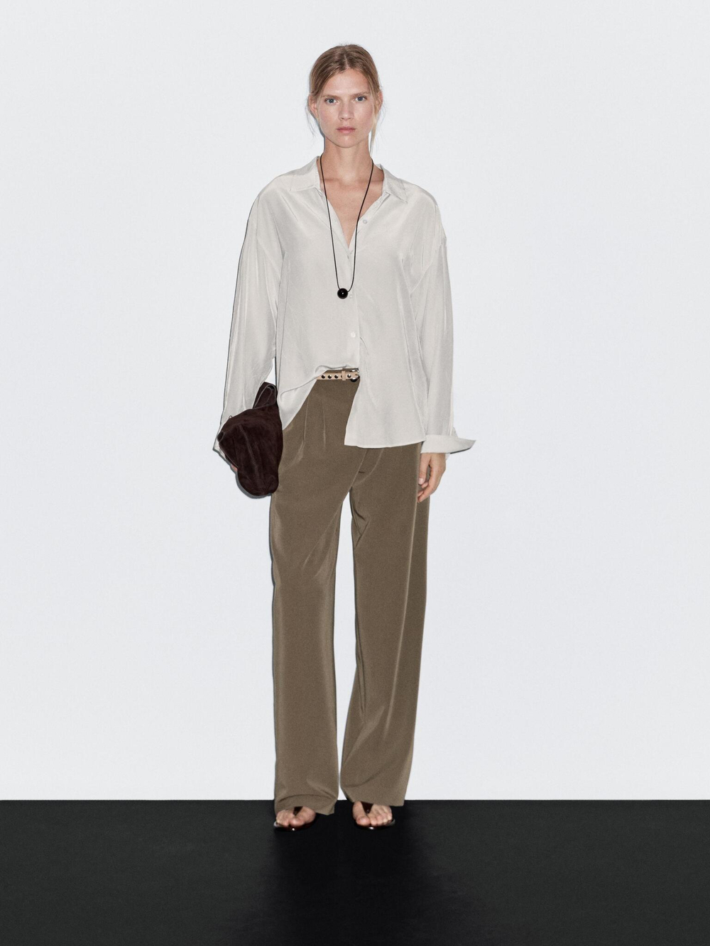 Massimo Dutti Струящиеся брюки с широкими штанинами и защипами, кротово-коричневый