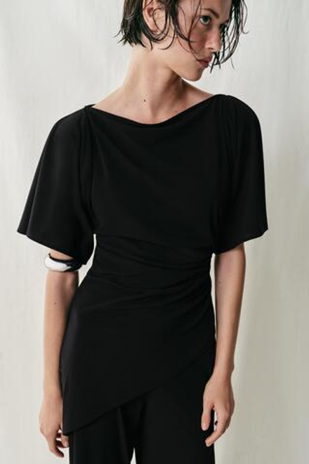 ZARA ДРАПИРОВАННЫЙ ТОП ИЗ КРЕПА, ЧЕРНЫЙ