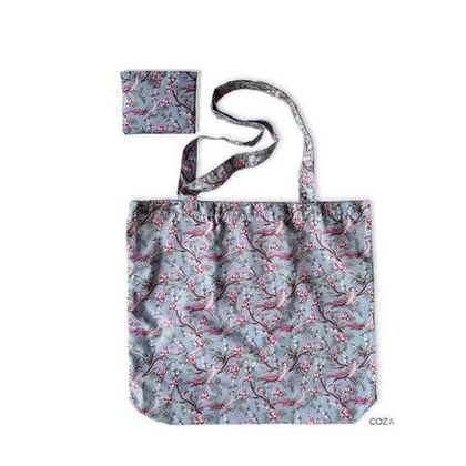 Сумка-шоппер COZA складная с принтом "Райские птицы", голубой фон, 35х41 см