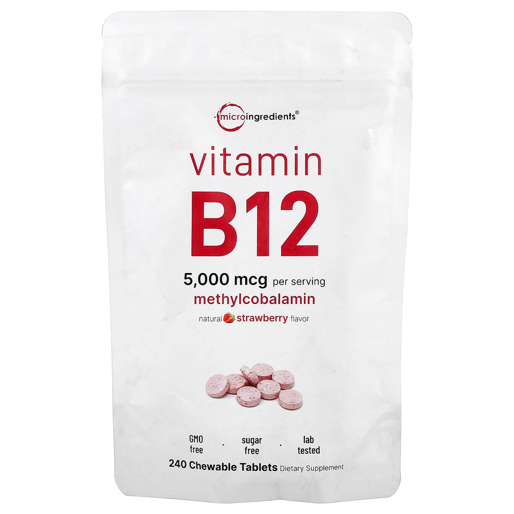 Micro Ingredients, витамин B12, клубника, 240 жевательных таблеток (2500 мкг в 1 таблетке)