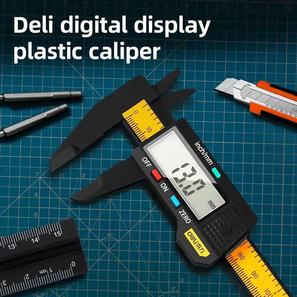 Электронный штангенциркуль 150мм Deli DL90150 (метрическая/дюймовая конвертация, пластик, светодиодный дисплей)