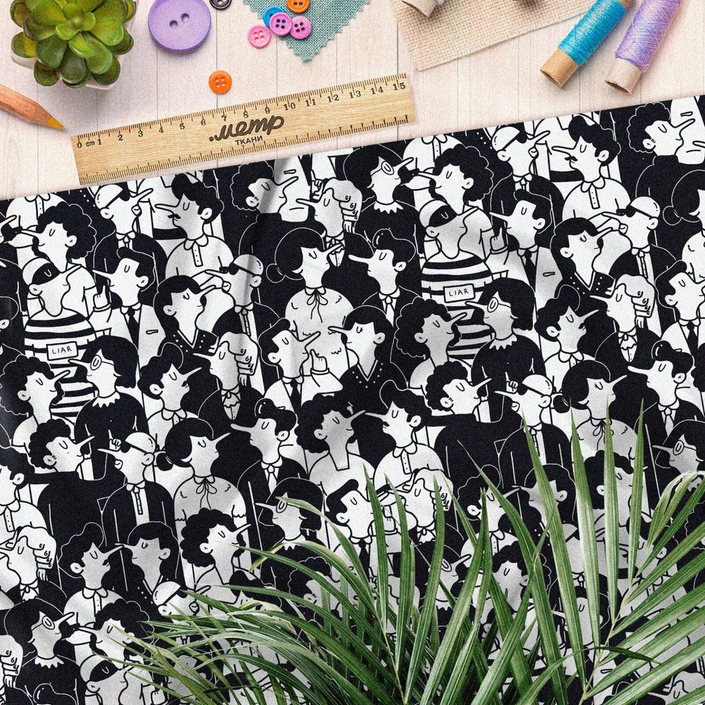 Ткань шелк Армани чёрно-белые фигурки людей