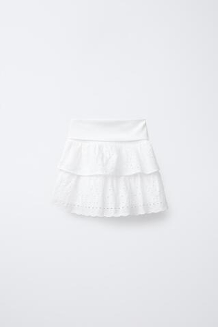 ZARA ЮБКА С ВЫШИВКОЙ ШИФФЛИ И ПОЯСОМ С ОТВОРОТОМ, БЕЛЫЙ
