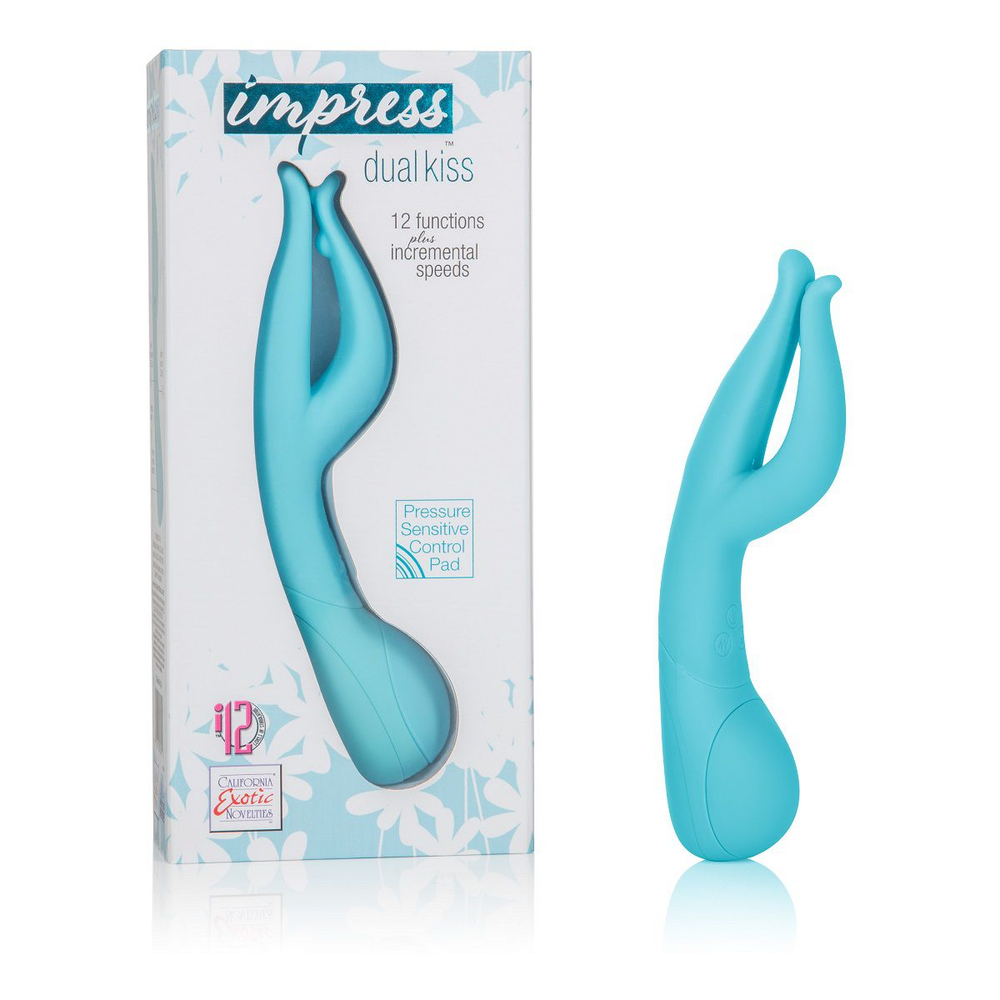 Голубой вибромассажер Impress Dual Kiss со стимуляцией клитора - 15 см. (Цвет: голубой)