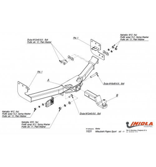 Фаркоп IMIOLA Y.031 Mitsubishi Pajero Sport 2008-(паспорт и сертификат в комплекте)(без электрики)
