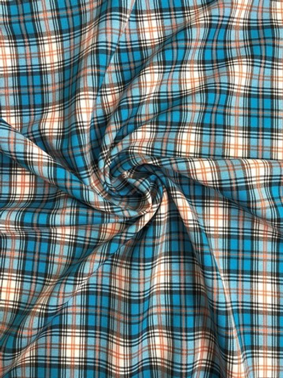 Костюмная принт клетка, белый/черный/оранж на голубом BST