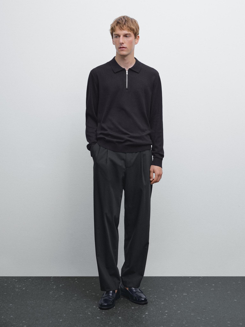 Massimo Dutti Свитер поло с молнией, темно-синий