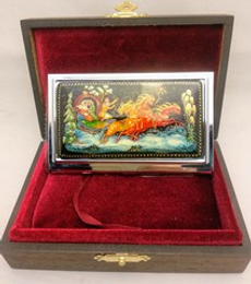 Визитница металлическая персональная "Русская зима. Тройка" (роспись Палех)