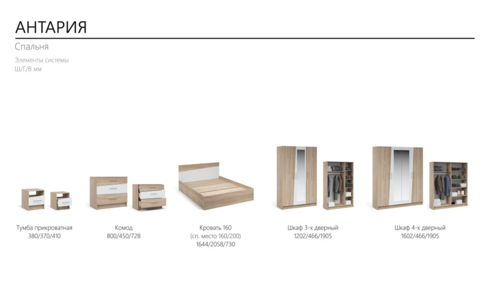 Спальный гарнитур Антария Сонома/белый с 3-х дв. шкафом