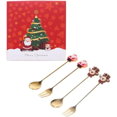 Набор для десерта «Дед Мороз и Олень» 4предмета (2ложки+2вилки) в подарочной коробке, золото