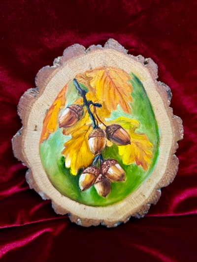 Веточка дуба - картина маслом на срезе дуба с корой | Художница Ефимова Ольга