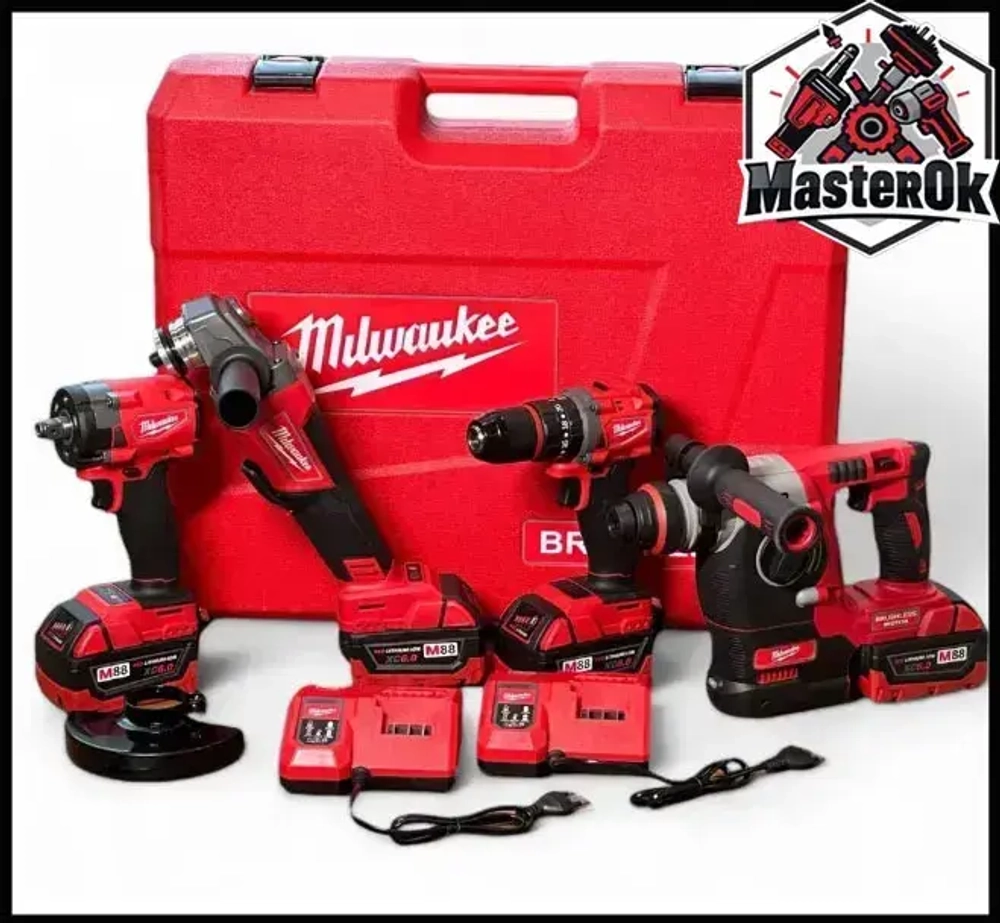 Набор аккумуляторного электроинструмента инструмента Milwaukee 4в1 с 4 АКБ Шуруповерт Болгарка Перфоратор Гайковерт 21V