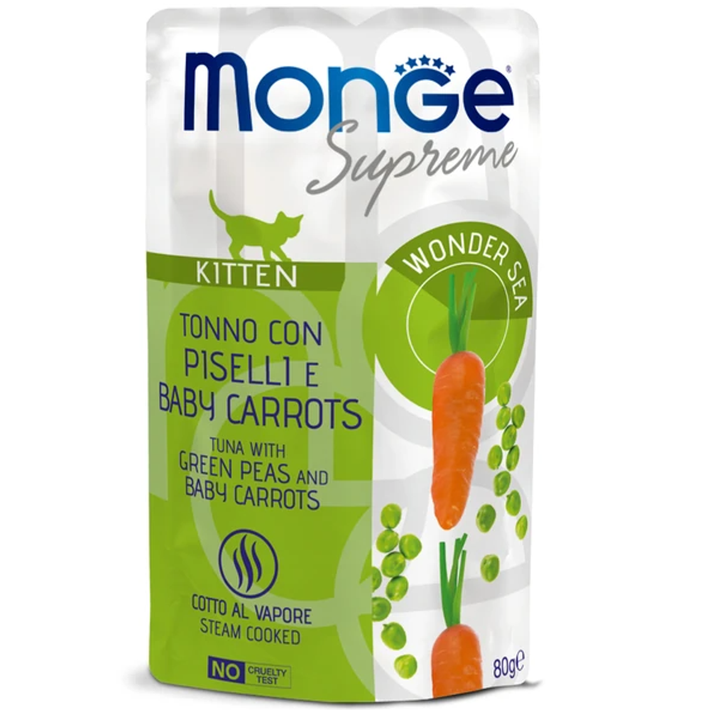 Monge supreme влажный корм для котят из тунца с зелёным горошком и мини-морковью, паучи 80 г