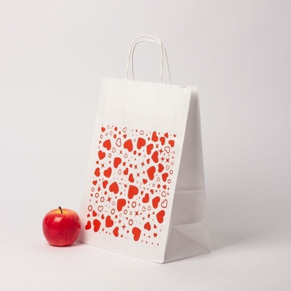 Пакеты бумажные, 26x35x14, "Сердечки и звездочки", белый