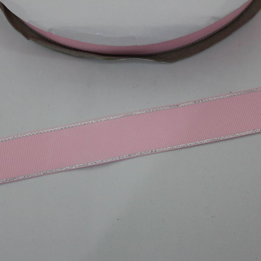 Лента репсовая однотонная с металл. кромкой(серебро) 25 мм, длина 25 ярдов, цвет: 123 светло-розовый
