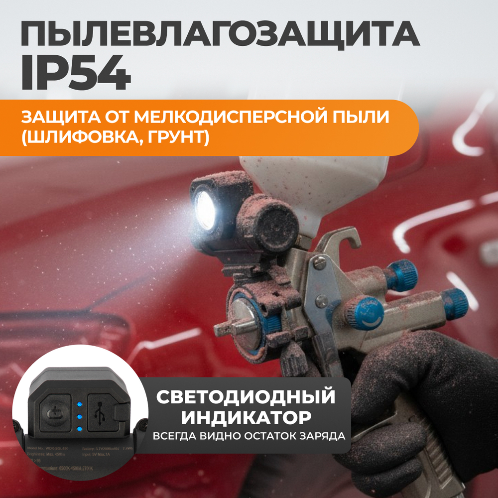 WDK-SGL450 Лампа колориста с тремя режимами световой температуры для краскопульта, 450 Лм, 2000 мАч
