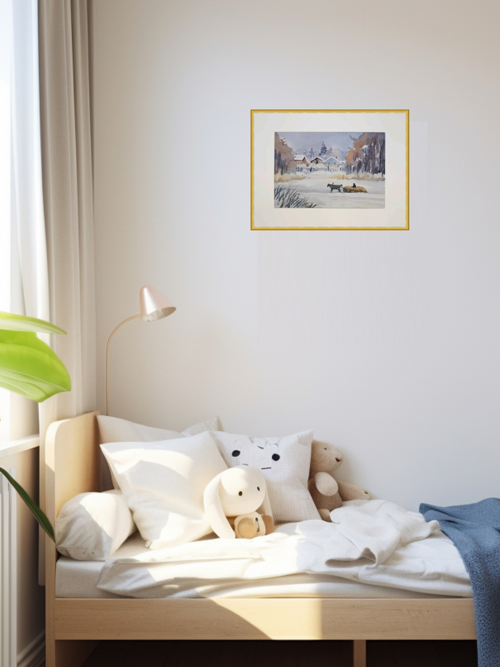 Картина авторская акварельная в паспарту 30х40 см на стену для интерьера "Зима в селе"