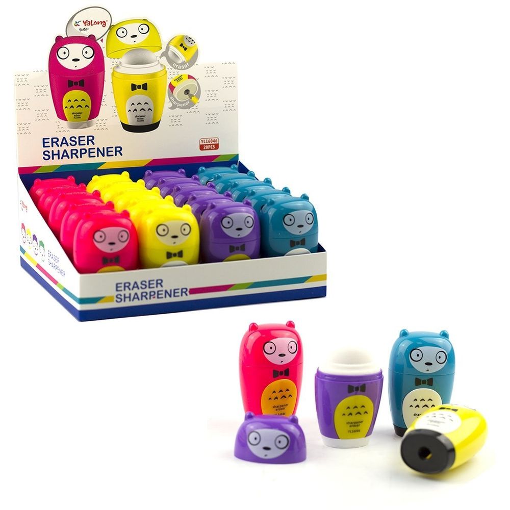 Точилка с ластиком, пластиковая Yalong, 1 отверстие, фигурная, с контейнером, картонная упаковка, "Совушка" цвета ассорти