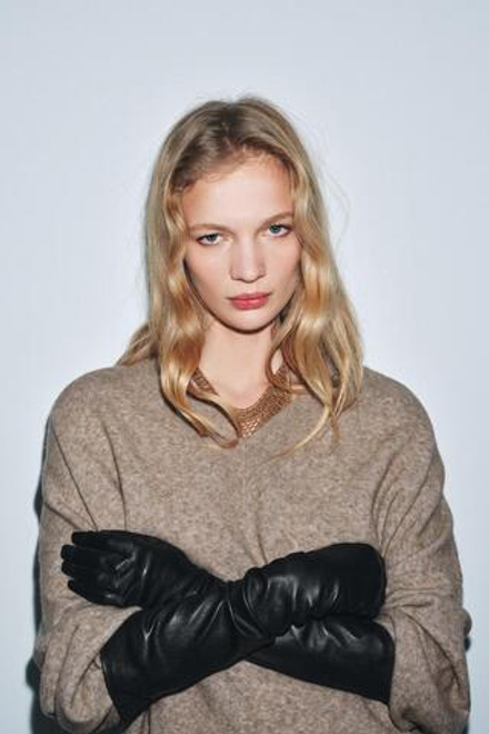 ZARA ДЛИННЫЕ ПЕРЧАТКИ ИЗ 100% КОЖИ, ЧЕРНЫЙ