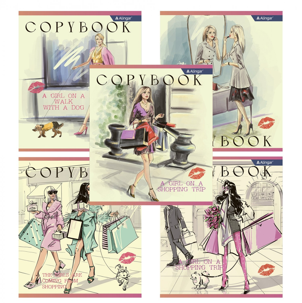 Тетрадь 36 л., А5, клетка, Alingar "Girls", скрепка, офсет, мелованный картон (стандарт), 5 дизайнов в пленке т/у