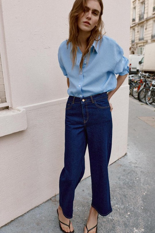 ZARA ДЖИНСЫ Z1975 КЮЛОТЫ С ВЫСОКОЙ ПОСАДКОЙ COMFORT, СИНИЙ