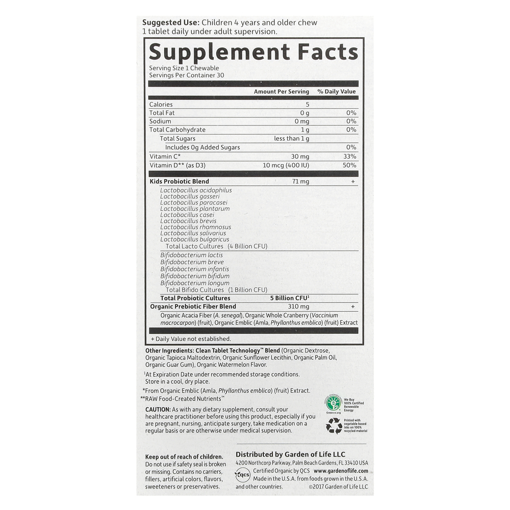 Garden of Life, Dr. Formulated Probiotics, органические жевательные таблетки для детей с пробиотиками и витаминами C и D, вкусный органический арбуз, 30 вкусных жевательных таблеток