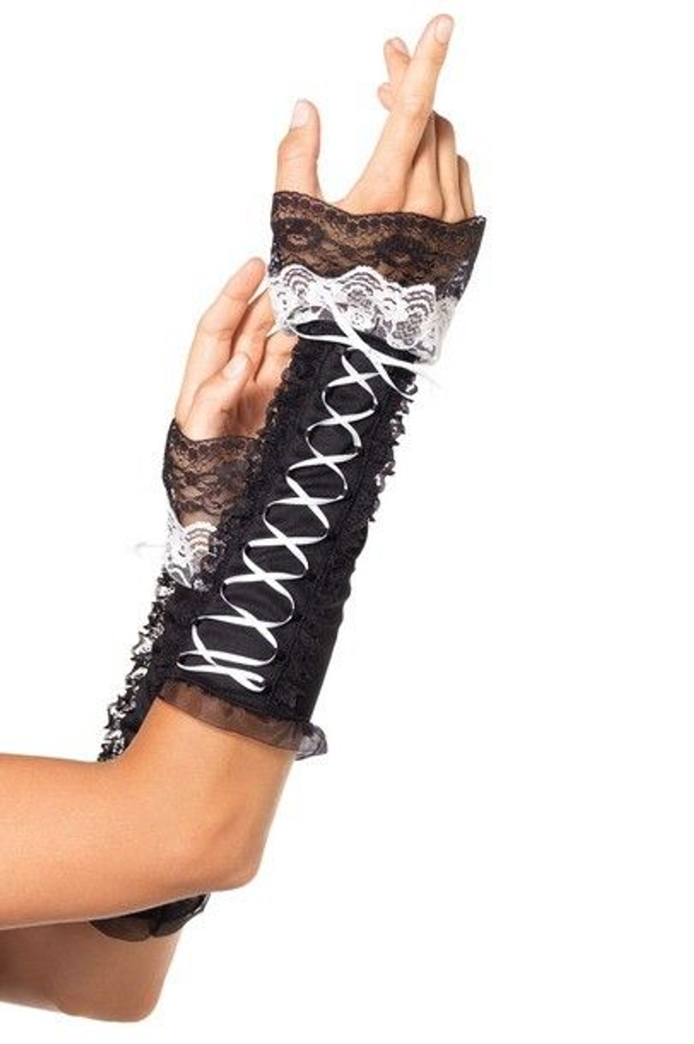 Перчатки с кружевом Lace Up Opaque Arm Warmer With Lace Ruffle Trim (Цвет: черный с белым)