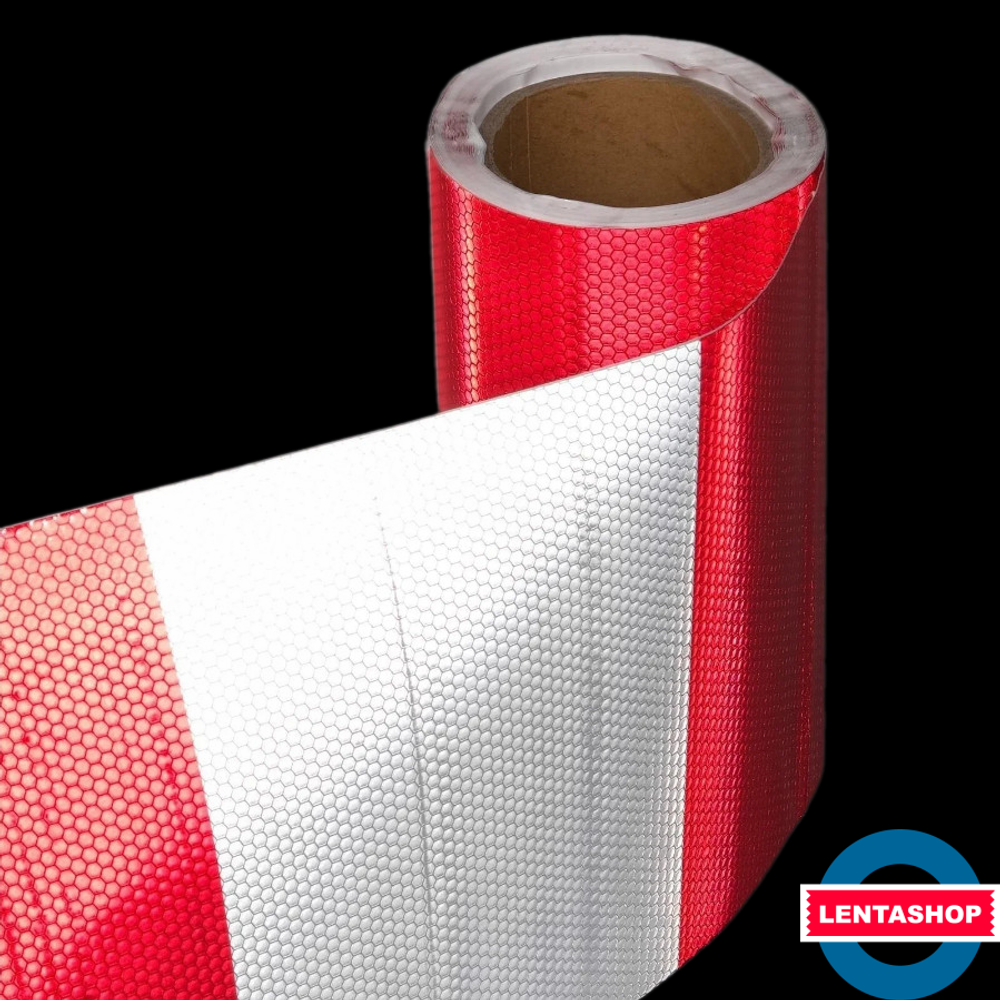 Бело-красная светоотражающая лента пунктирная 20 см х 10 метров