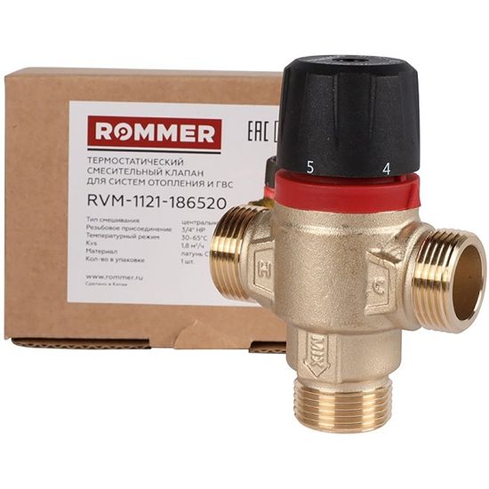 Термостатический клапан Rommer 3/4" НР 30-65°С, kv 1,8, центральное смешивание (RVM-1121-186520)