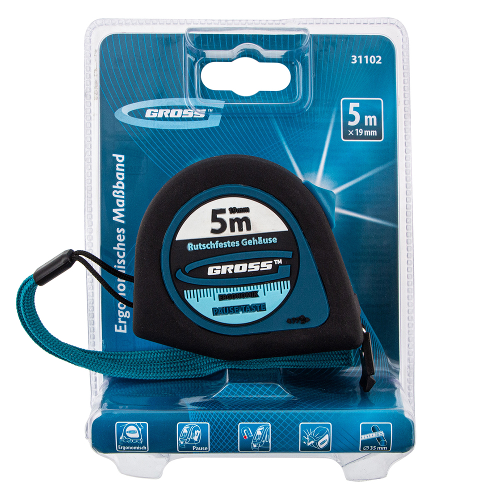 Рулетка "Ergonomisch",5 м x 19 мм,магнитный обрезиненный зацеп Gross