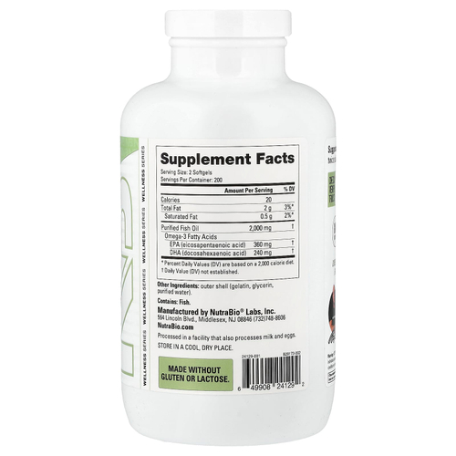 NutraBio, Рыбий жир с омега-3, 400 капсул (1000 мг в каждой капсуле)