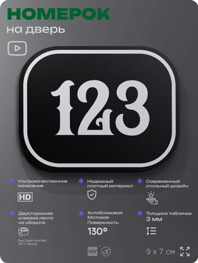 Номерок на дверь квартиры 123, для кабинета, офиса, шильдик 9 х 7 см, черный, Айдентика Технолоджи