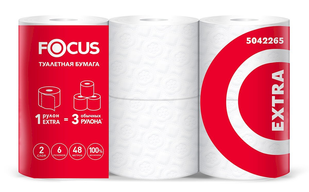 Туалетная бумага Focus Extra, 2-слойная, белая, 6 рулонов в упаковке