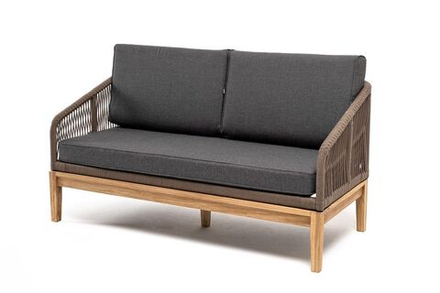 "Канны" диван 2-местный плетеный из роупа, основание дуб, роуп коричневый круглый, ткань темно-серая 019