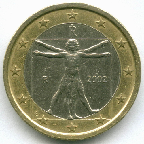 1 евро 2002 год. Италия. Регулярный выпуск. Тип 1. Биметалл VF-XF