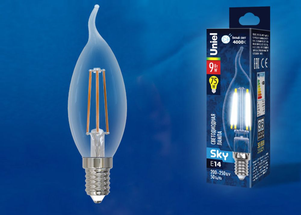 LED-CW35-9W/4000K/E14/CL PLS02WH Лампа светодиодная. Форма свеча на ветру, прозрачная. Серия Sky. Белый свет (4000К). Картон. ТМ Uniel.
