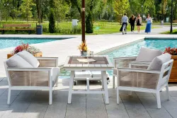 "Сан Ремо" диван 2-местный плетеный из роупа, каркас алюминий белый, роуп бежевый, ткань бежевая