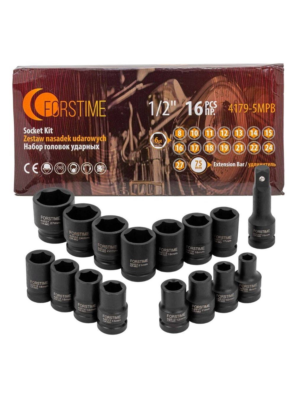 Головки ударные, набор 16пр., 1/2''(8, 10-19, 21, 22, 24, 27мм, 6гр.) FORSTIME FT-4179-5MPB