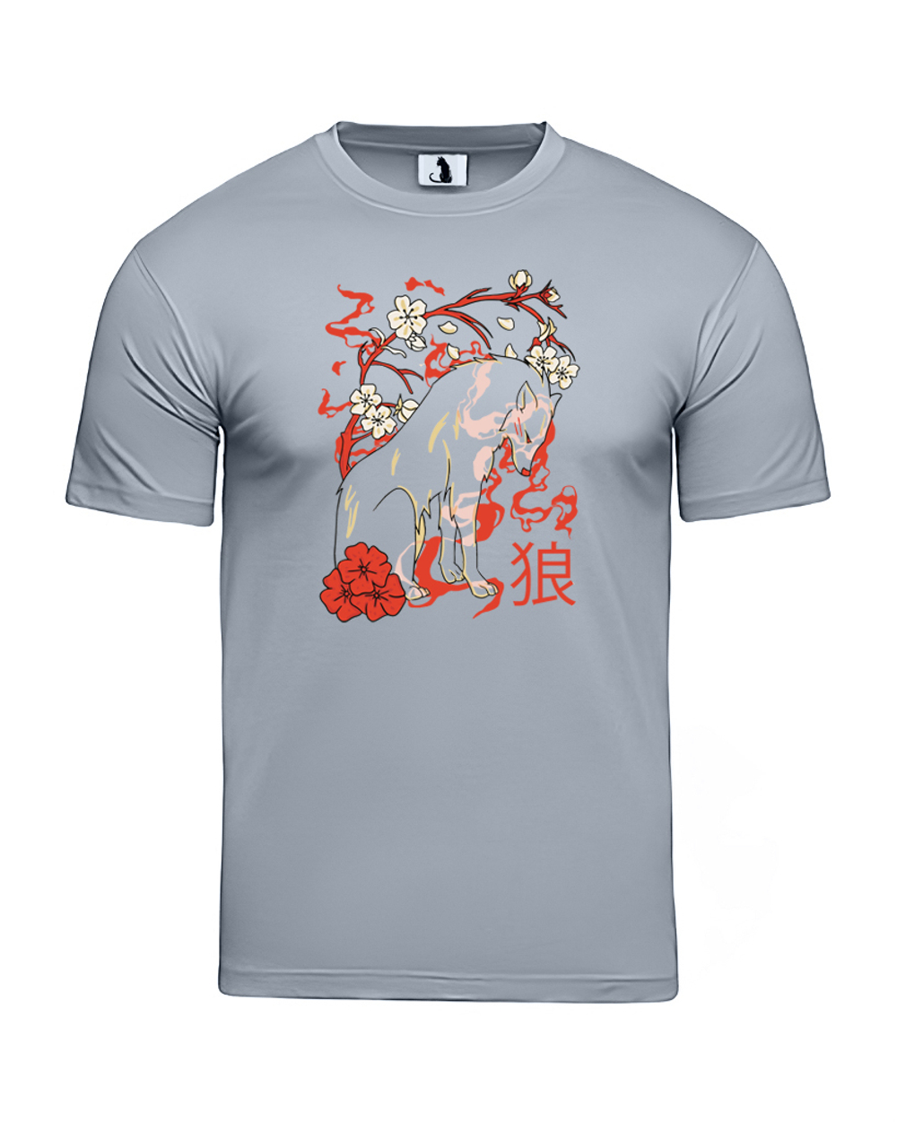 Футболка с волком и цветами в японском стиле классическая прямая серая