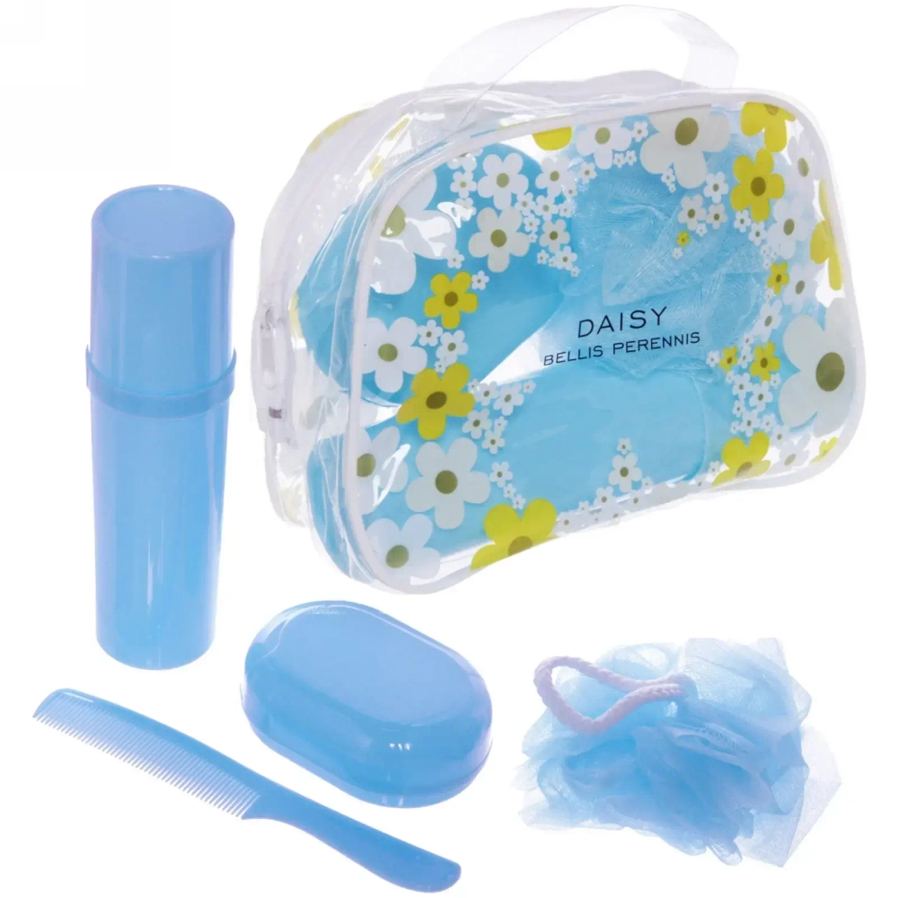 Набор банный дорожный 4шт «Traveler - Ромашки», микс 3 цв., (мочалка, футляр 2шт, расческа), 20*15,5*8,5