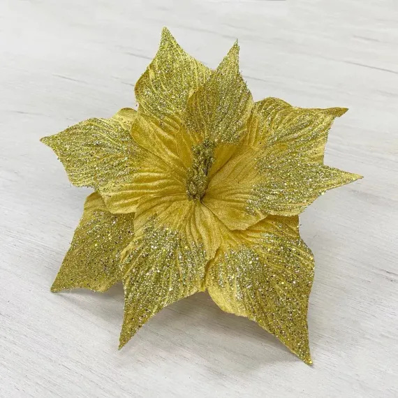 Декоративный цветок Пуансеттия 30 см., золото с блестками, на клипсе, Christmas DeLuxe (87134)